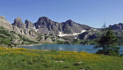 Randonnée lac d'Allos au mois de juillet, nombreuses fleurs encore présentes et des névés résiduels au pied des Tours du lac.