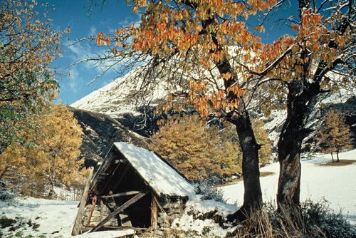 Se mêlant aux chaudes couleurs automnales, une première neige décore le hameau de Bouchier à Allos